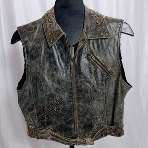 Vintage 80's Black Weathered Studded Leather Vest Ladies Size 12 $65